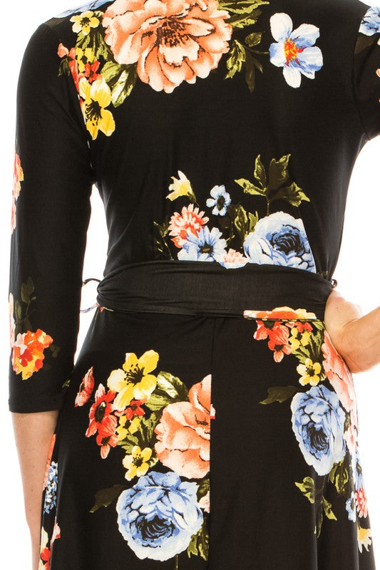 MOA Collection Floral Print Faux Wrap Dress with Deep V-Neck and Waist Tie