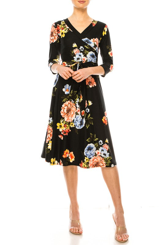 MOA Collection Floral Print Faux Wrap Dress with Deep V-Neck and Waist Tie