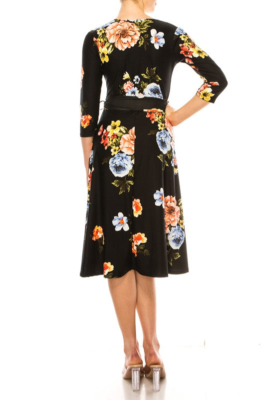 MOA Collection Floral Print Faux Wrap Dress with Deep V-Neck and Waist Tie