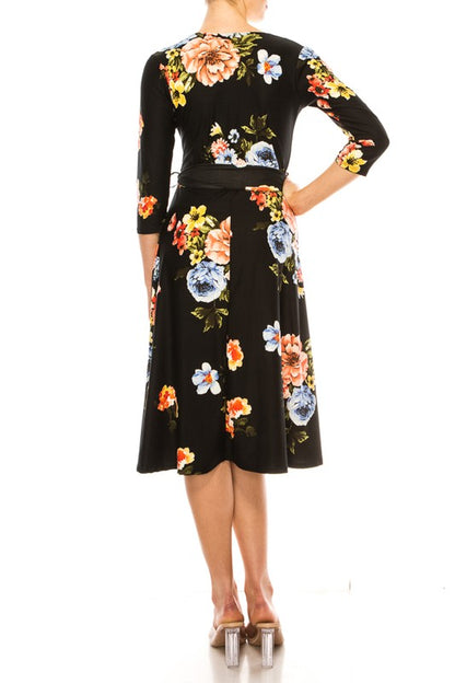 MOA Collection Floral Print Faux Wrap Dress with Deep V-Neck and Waist Tie