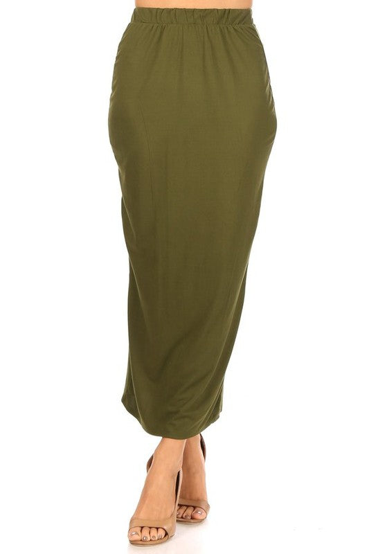 Solid Midi Pencil Skirt - High Waist, Back Slit, Pencil Silhouette