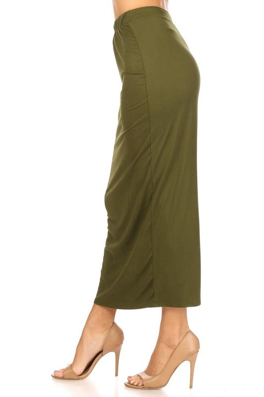 Solid Midi Pencil Skirt - High Waist, Back Slit, Pencil Silhouette