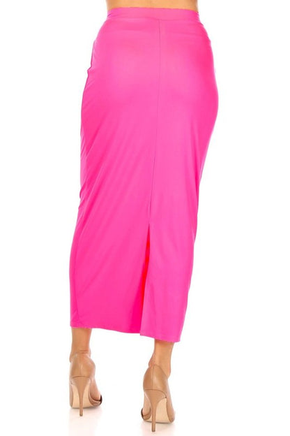 Solid Midi Pencil Skirt - High Waist, Back Slit, Pencil Silhouette