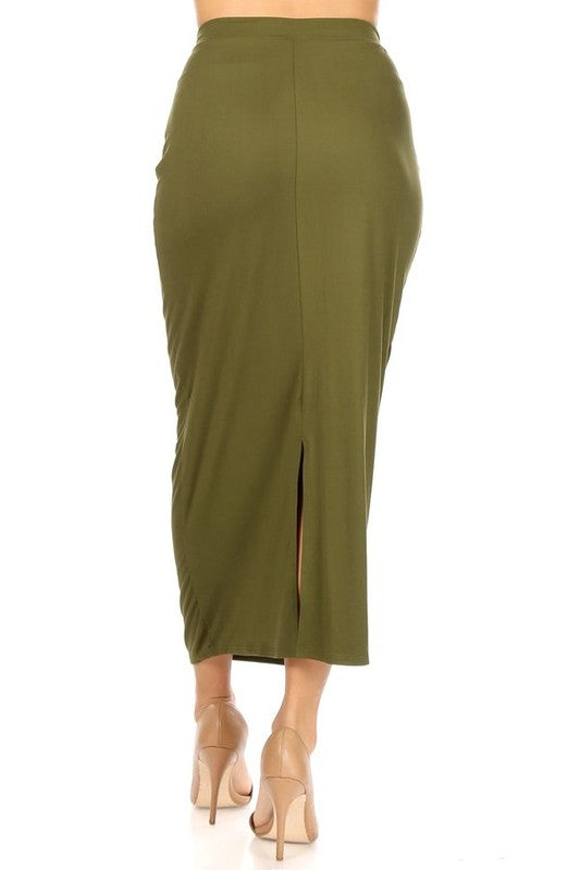 Solid Midi Pencil Skirt - High Waist, Back Slit, Pencil Silhouette