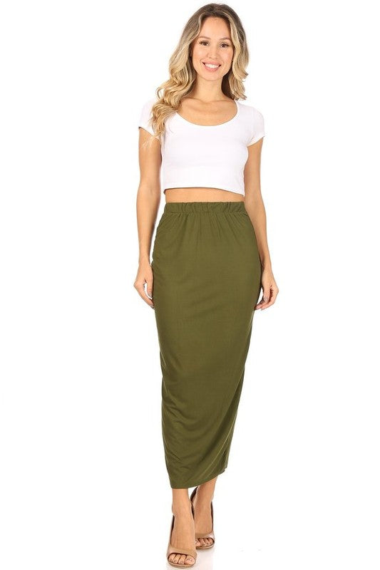 Solid Midi Pencil Skirt - High Waist, Back Slit, Pencil Silhouette