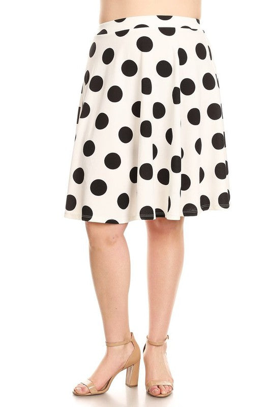 Polka Dot High Waisted Knee Length Skirt - A-Line Silhouette, Elastic Waistband