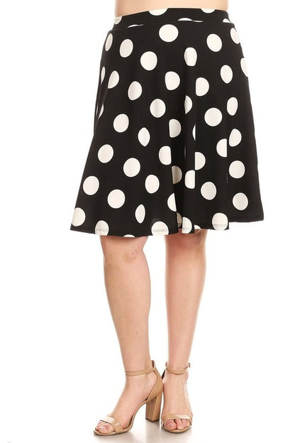 Polka Dot High Waisted Knee Length Skirt - A-Line Silhouette, Elastic Waistband