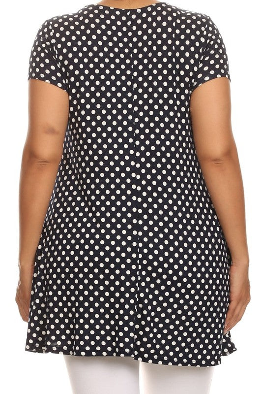 Polka Dot Print Top - Plus Size, Relaxed Fit with Crew Neck and Pockets