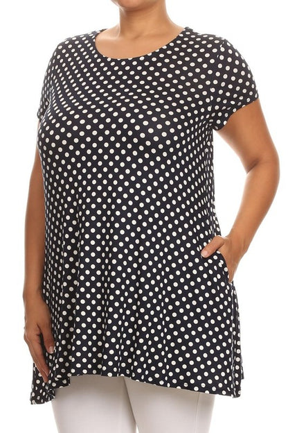 Polka Dot Print Top - Plus Size, Relaxed Fit with Crew Neck and Pockets