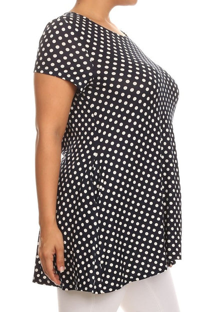Polka Dot Print Top - Plus Size, Relaxed Fit with Crew Neck and Pockets