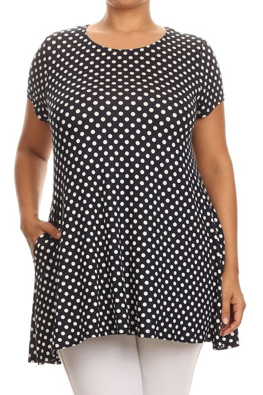 Polka Dot Print Top - Plus Size, Relaxed Fit with Crew Neck and Pockets