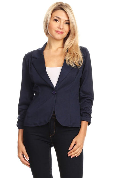 Solid Waist Length Blazer - Fitted Style with Button Closure and Ruched Sleeves