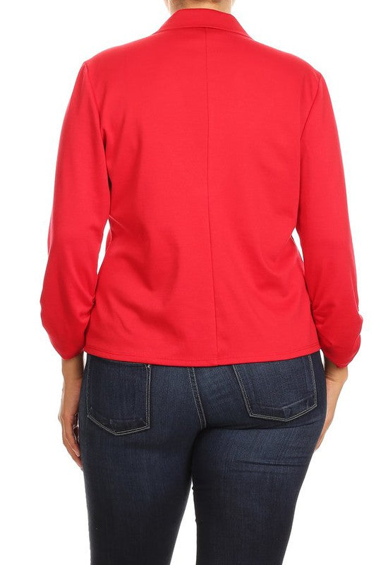 Plus Size Waist Length Blazer - Fitted Style with Button Closure and Ruched Sleeves