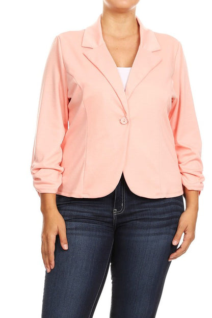 Plus Size Waist Length Blazer - Fitted Style with Button Closure and Ruched Sleeves