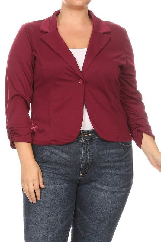 Plus Size Waist Length Blazer - Fitted Style with Button Closure and Ruched Sleeves