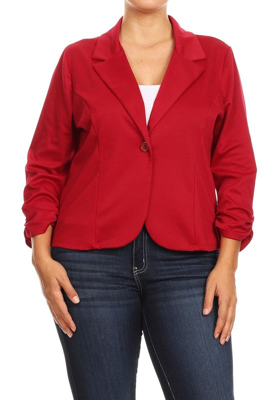 Plus Size Waist Length Blazer - Fitted Style with Button Closure and Ruched Sleeves