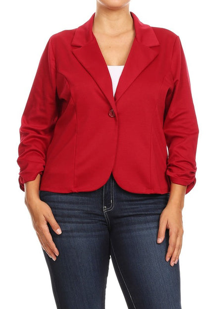 Plus Size Waist Length Blazer - Fitted Style with Button Closure and Ruched Sleeves