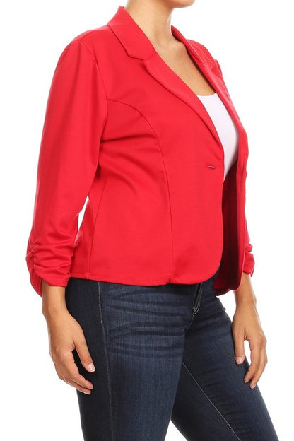 Plus Size Waist Length Blazer - Fitted Style with Button Closure and Ruched Sleeves