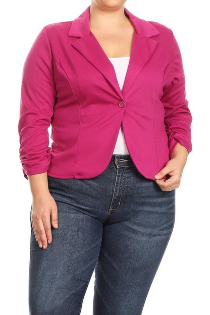 Plus Size Waist Length Blazer - Fitted Style with Button Closure and Ruched Sleeves