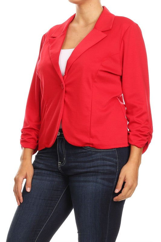 Plus Size Waist Length Blazer - Fitted Style with Button Closure and Ruched Sleeves