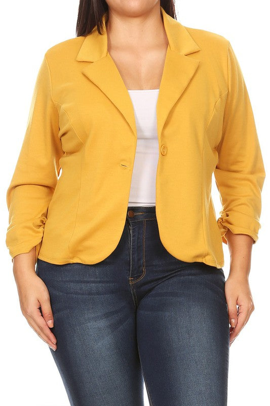 Plus Size Waist Length Blazer - Fitted Style with Button Closure and Ruched Sleeves