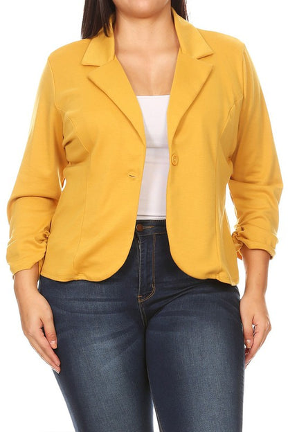 Plus Size Waist Length Blazer - Fitted Style with Button Closure and Ruched Sleeves