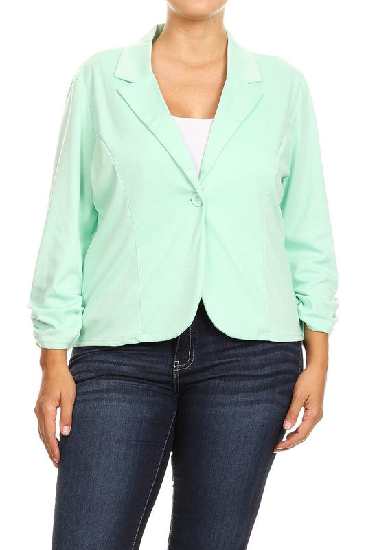 Plus Size Waist Length Blazer - Fitted Style with Button Closure and Ruched Sleeves