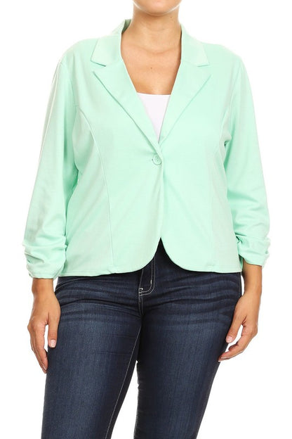 Plus Size Waist Length Blazer - Fitted Style with Button Closure and Ruched Sleeves