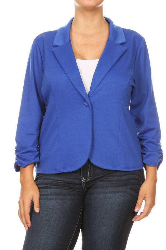 Plus Size Waist Length Blazer - Fitted Style with Button Closure and Ruched Sleeves