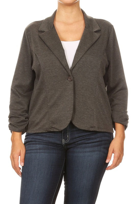 Plus Size Waist Length Blazer - Fitted Style with Button Closure and Ruched Sleeves