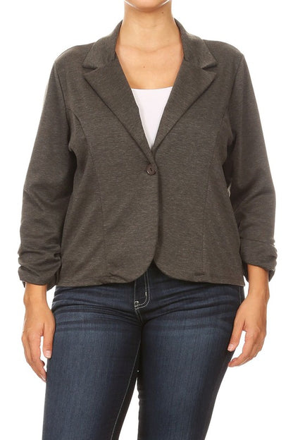 Plus Size Waist Length Blazer - Fitted Style with Button Closure and Ruched Sleeves