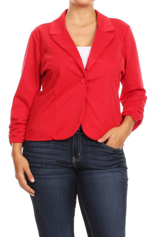 Plus Size Waist Length Blazer - Fitted Style with Button Closure and Ruched Sleeves