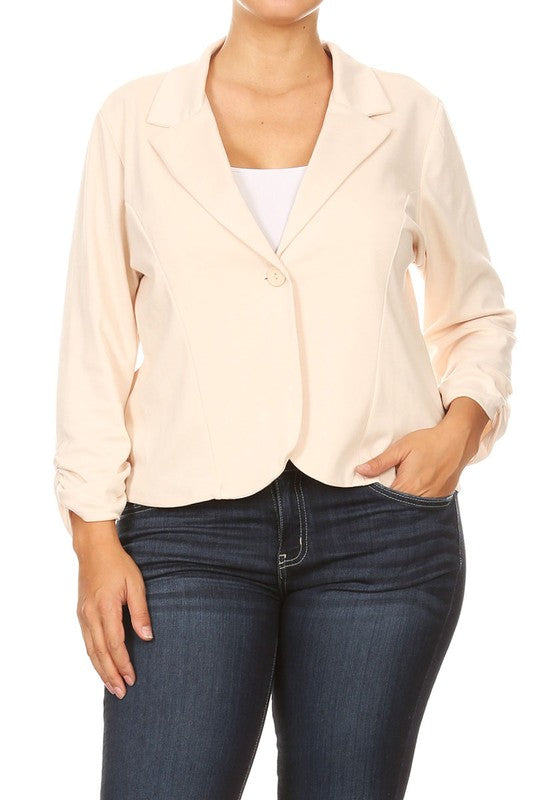 Plus Size Waist Length Blazer - Fitted Style with Button Closure and Ruched Sleeves