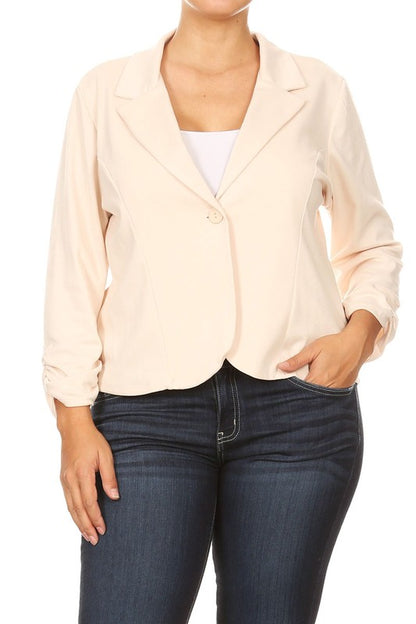Plus Size Waist Length Blazer - Fitted Style with Button Closure and Ruched Sleeves