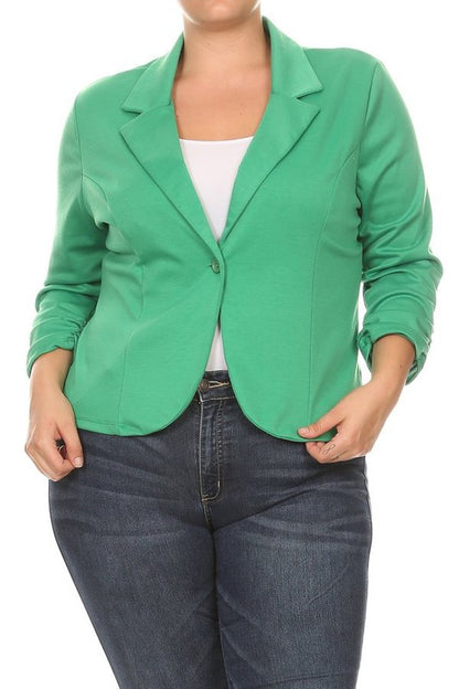 Plus Size Waist Length Blazer - Fitted Style with Button Closure and Ruched Sleeves