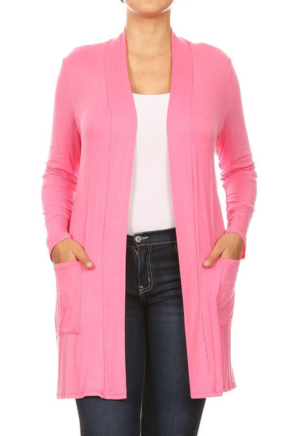 Plus Size Loose Fit Knee Length Duster Cardigan - Open Front, Long Sleeves, Side Pockets