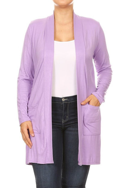 Plus Size Loose Fit Knee Length Duster Cardigan - Open Front, Long Sleeves, Side Pockets