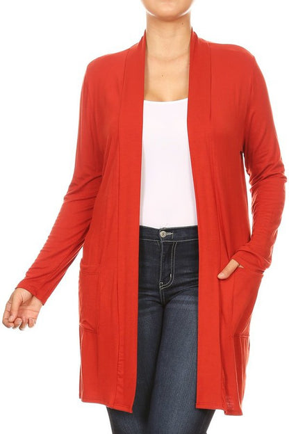 Plus Size Loose Fit Knee Length Duster Cardigan - Open Front, Long Sleeves, Side Pockets