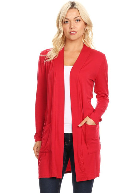 MOA Collection Loose Fit Knee-Length Duster Cardigan with Open Front & Pockets
