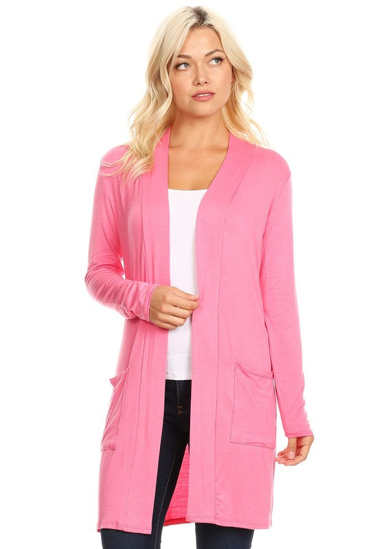 MOA Collection Loose Fit Knee-Length Duster Cardigan with Open Front & Pockets