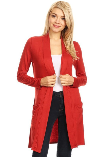 MOA Collection Loose Fit Knee-Length Duster Cardigan with Open Front & Pockets