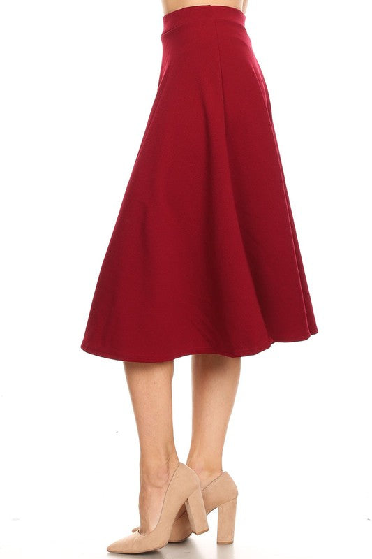 Solid High Waisted A-Line Midi Skirt with Elastic Waist - Elegant and Comfortable