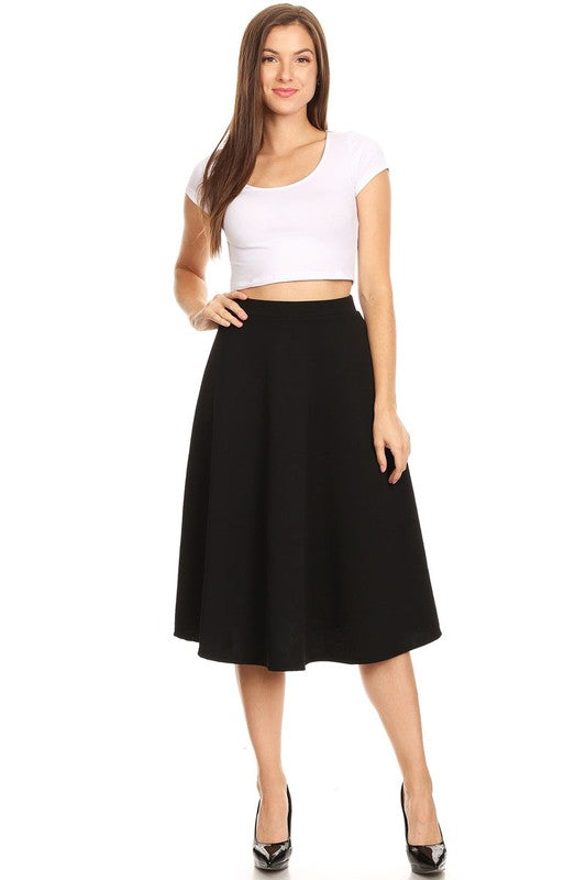 Solid High Waisted A-Line Midi Skirt with Elastic Waist - Elegant and Comfortable