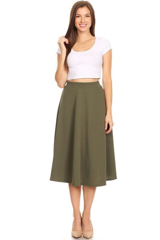 Solid High Waisted A-Line Midi Skirt with Elastic Waist - Elegant and Comfortable