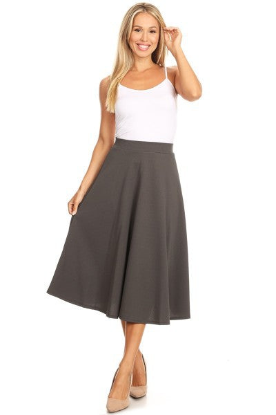 Solid High Waisted A-Line Midi Skirt with Elastic Waist - Elegant and Comfortable