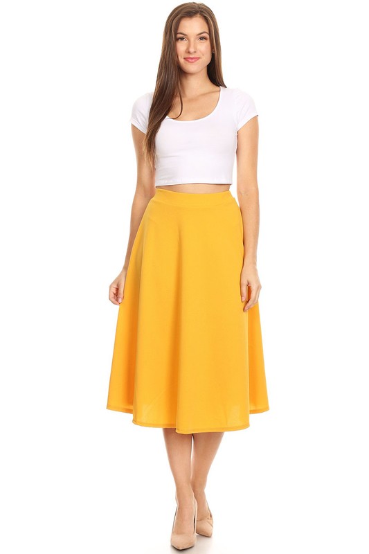 Solid High Waisted A-Line Midi Skirt with Elastic Waist - Elegant and Comfortable