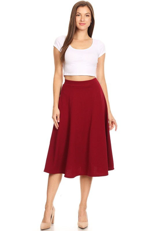 Solid High Waisted A-Line Midi Skirt with Elastic Waist - Elegant and Comfortable