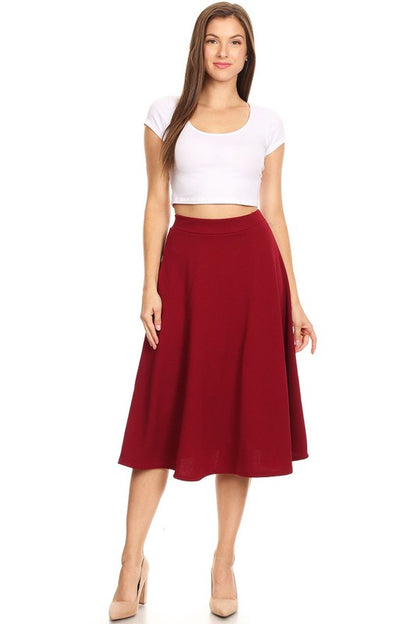 Solid High Waisted A-Line Midi Skirt with Elastic Waist - Elegant and Comfortable