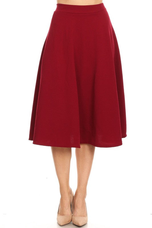 Solid High Waisted A-Line Midi Skirt with Elastic Waist - Elegant and Comfortable