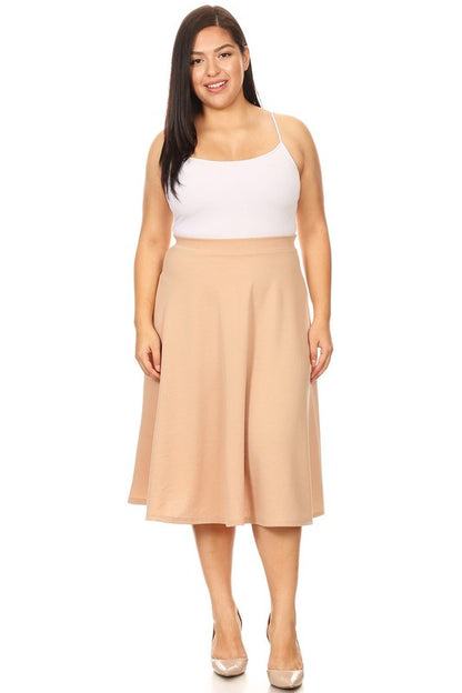 Solid High Waisted A-Line Midi Skirt with Elastic Waist - Elegant and Comfortable